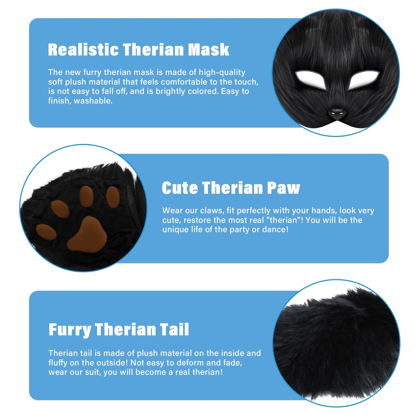 TherianMask Tail Set Furry Cat Fox Mask With Therian Paws Kit - Halloween Costume for Adults (Black)
