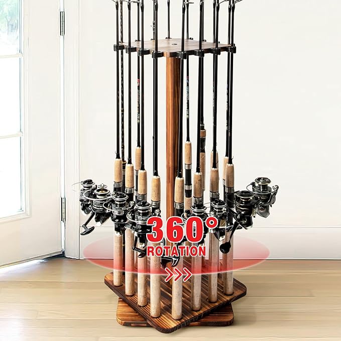 Ghosthorn Fishing Rod Holders for Garage 360 Degree Rotating Fishing Pole Rack, Floor Stand Holds up to 16 Rods Wood Fishi...