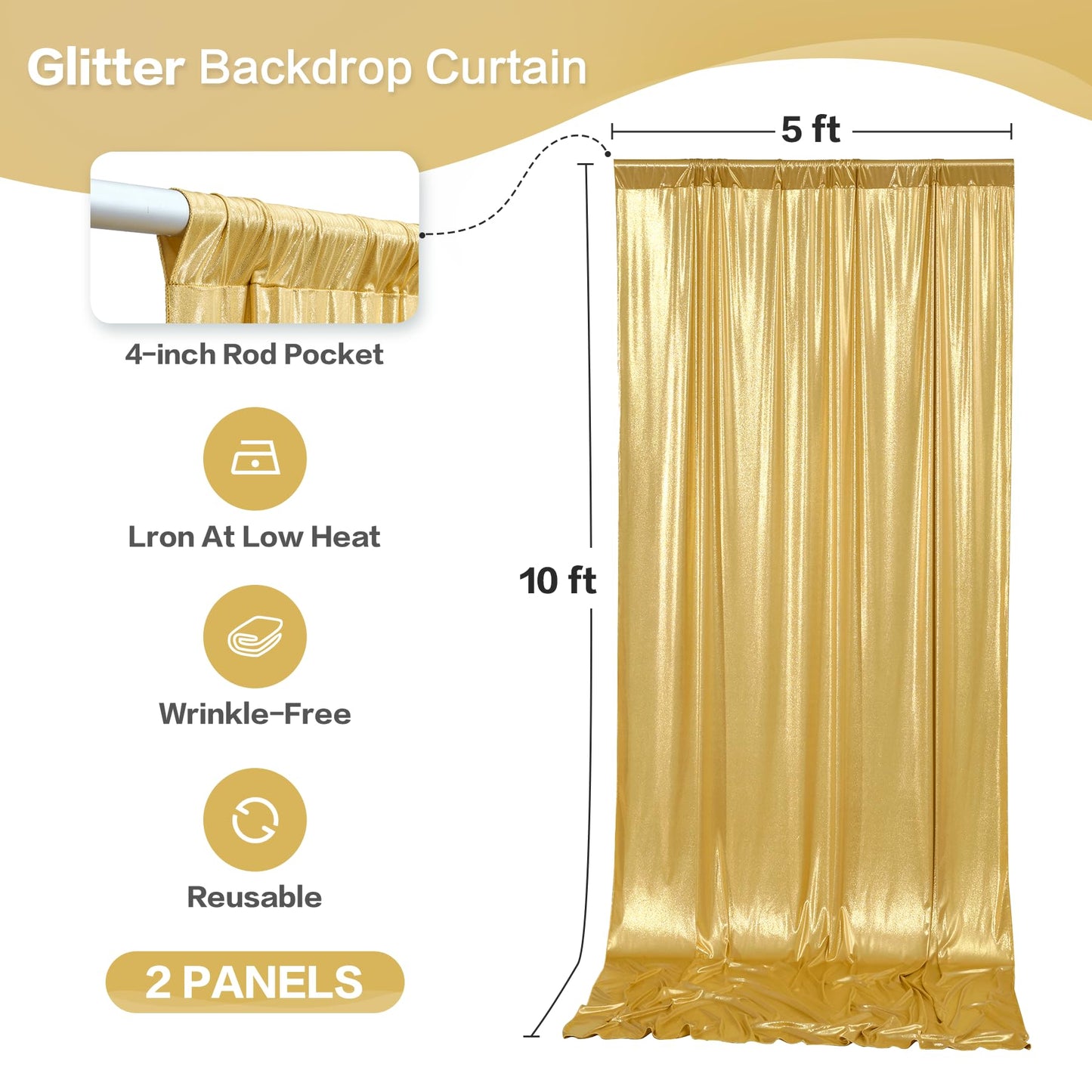 gogoparti 10x10FT Gold Sequin Backdrop Curtain - 2 Panels of 5x10FT Wrinkle-Free Glitter Drapes for Photography, Birthdays, Weddings & Graduations