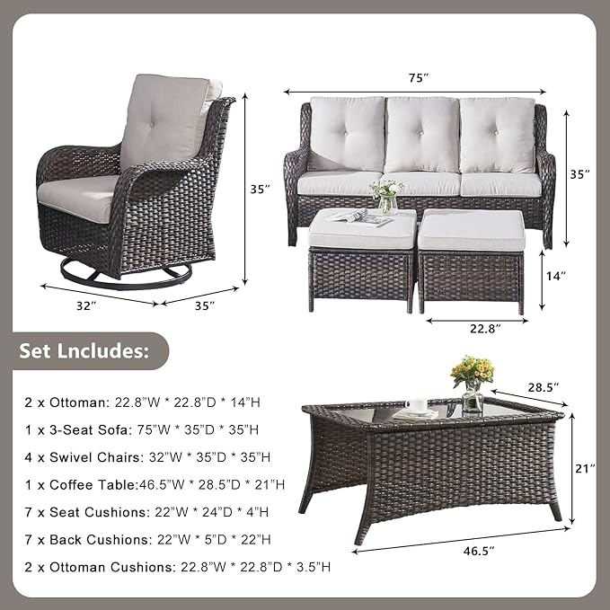 Rilyson Wicker Patio Furniture Set - 8 Piece Rattan Outdoor Sectional Conversation Sets with 4 Swivel Rocking Chairs,2 Ottomans,1 Sofa and 1 Coffee Table for Porch Deck Garden(Brown/Beige)