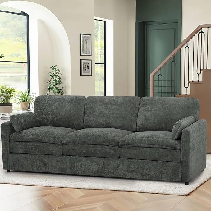 ACMEASE 89” Chenille Sofa w/Arm Pillows, Upholstered 3-Seater Sofa w/Comfortable Back Cushions, Modern 3 Seats Couch w/High-Density Foam for Living Room, Apartment, Office, Grey