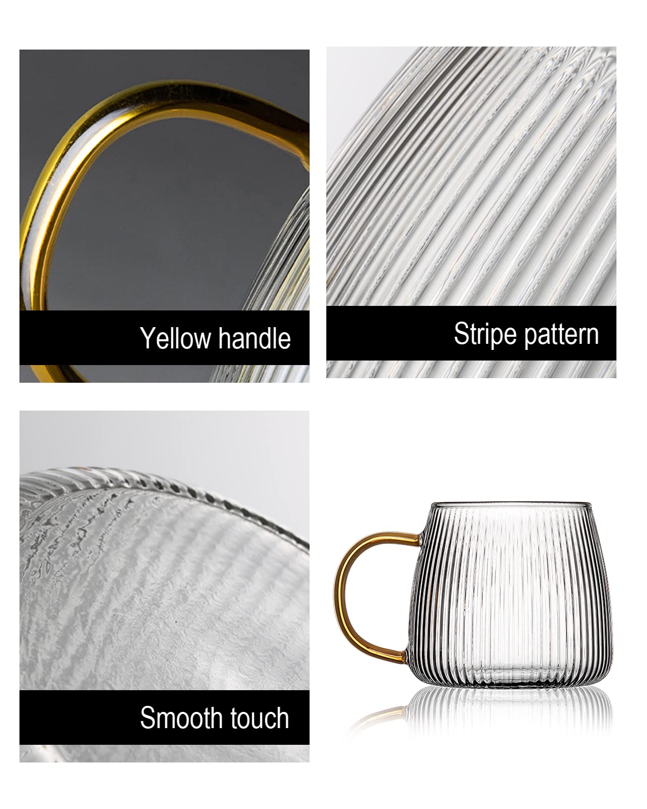 Luxtea Vintage Glass Coffee Mugs Set of 2 Ribbed Drinking Glasses Clear Tea Cups Borosilicate Glass Cup in Vertical Stripes Pattern for Cappuccino,Latte,Beverage (14 Fl.Oz.,Yellow Handle)