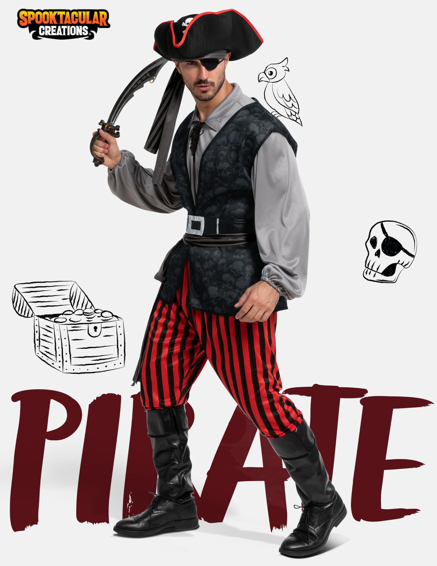Spooktacular Creations Men Pirate Costume, Adult Grey Pirate Shirt Vest Viking Pants Hat Accessories Set for Halloween Themed Trick or Treating Cosplay Parties (X-Large)