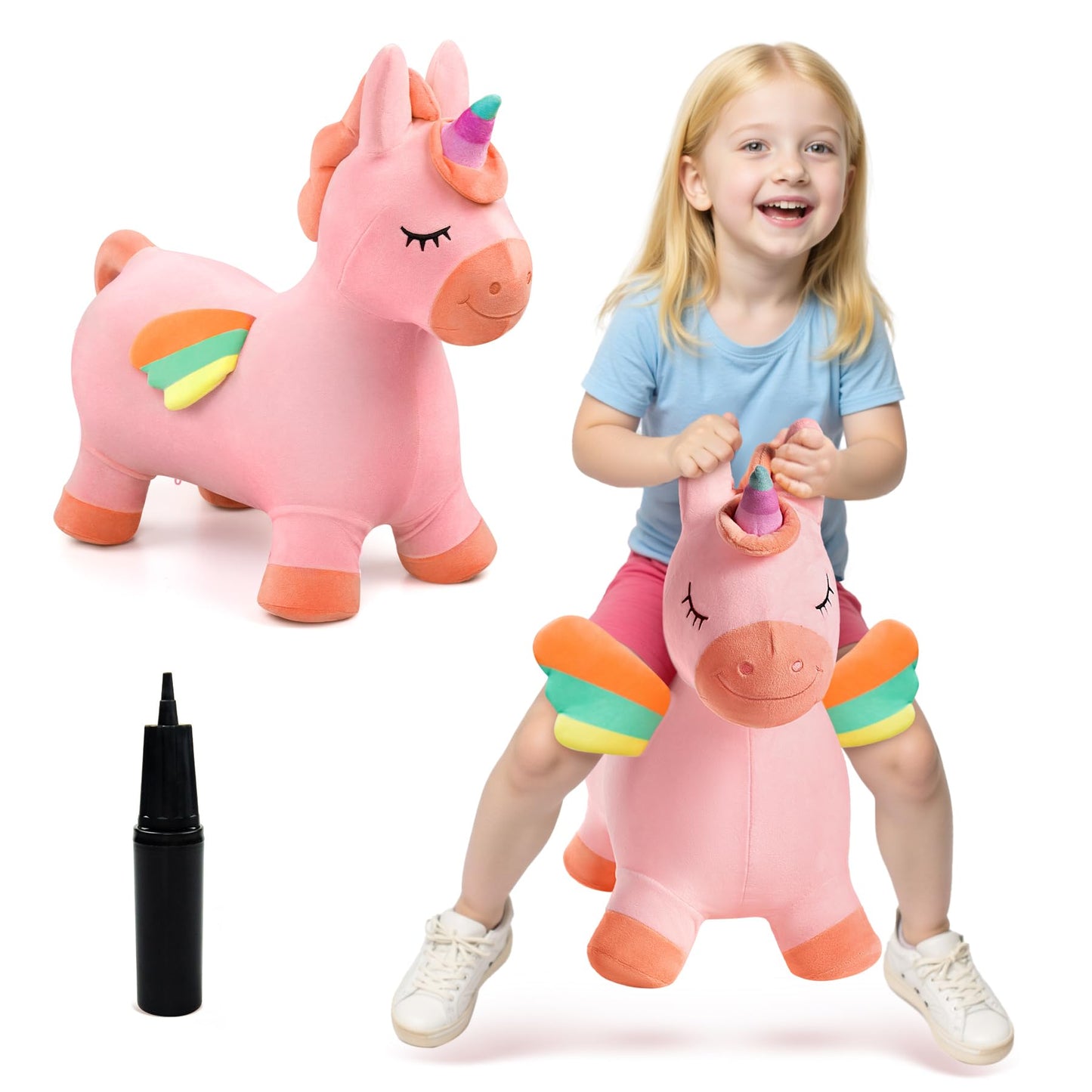 EVERICH TOY Bouncy Horse Unicorn Toys, Inflatable Bouncing Animal Hopping Toys, Outdoor Indoor Ride on Bouncer, Boys Girls Birthday Gift for 18 Month 2 3 4 5 6 Year Old Kid- Plush Unicorn Toy