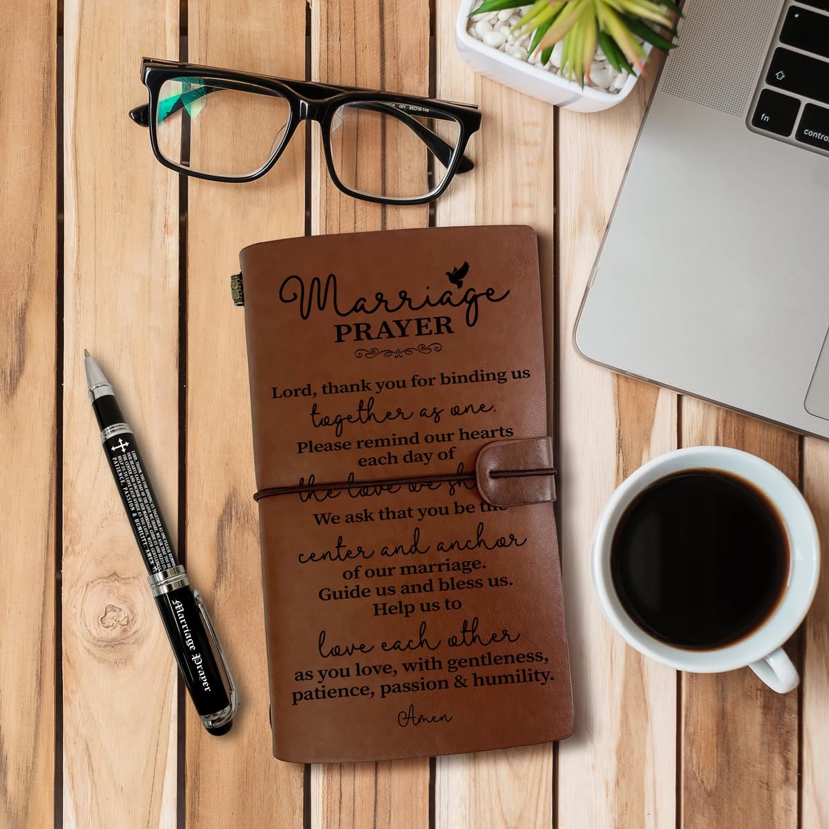 Marriage Prayer Leather Journal, Engraved Gift Pen, Roller Ballpen, Marriage Gift, Wedding Gifts, Leather Notebook and Pen Gift for Wife Husband, 160 Pages Notebook, Valentine's Day Christmas Gift