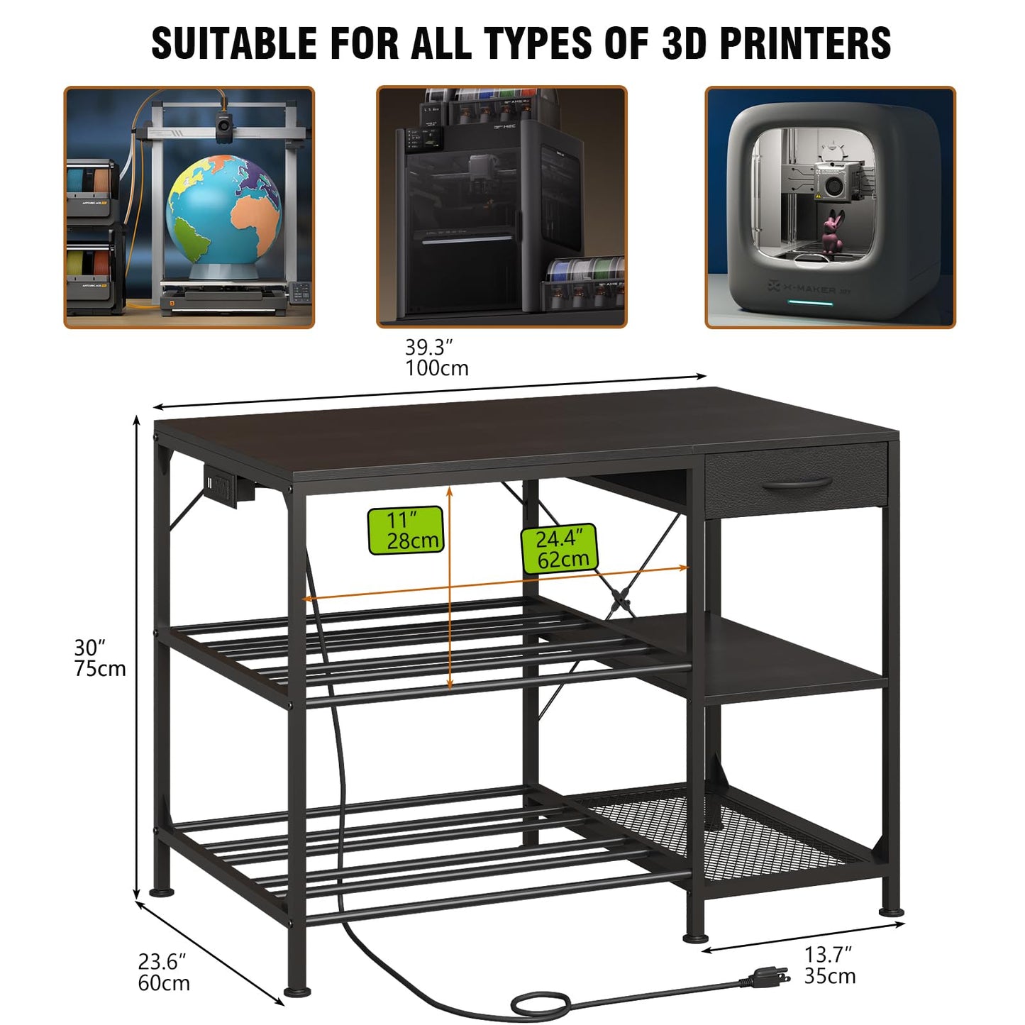 3D Printer Table with Filament Storage, 3-Tier 3D Printer Stand with Power Outlet & Drawer, Heavy Duty 3D Printer Rack for Workshop Studio Office (Black)
