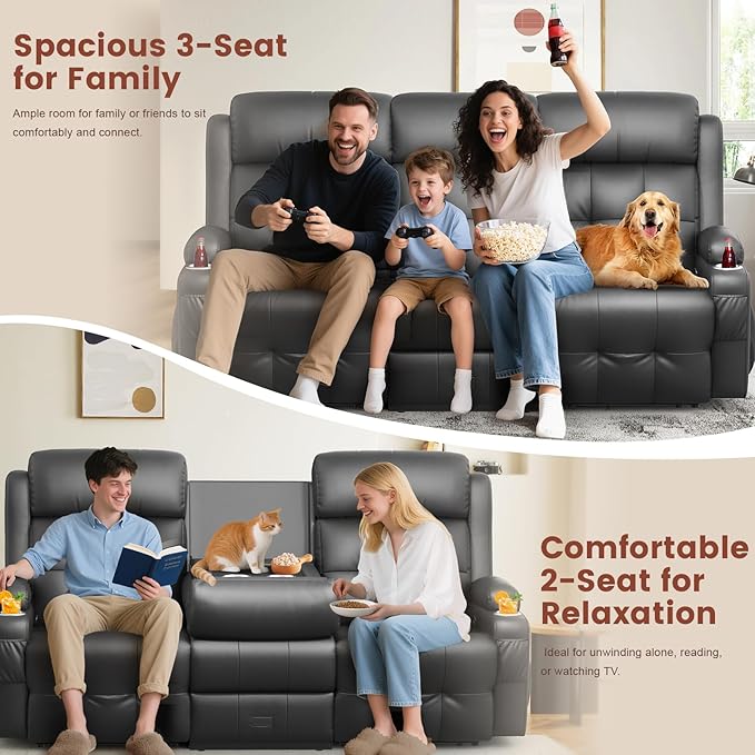 Aotolo Recliner Sofa, Massage Reclining Sofa 3 Seater Sets Heavy Weight Capacity, RV Loveseat Couch Clearance with Flip Back Console, Storage, Cup Holders, Wall Hugger Reclining Couch for Living Room