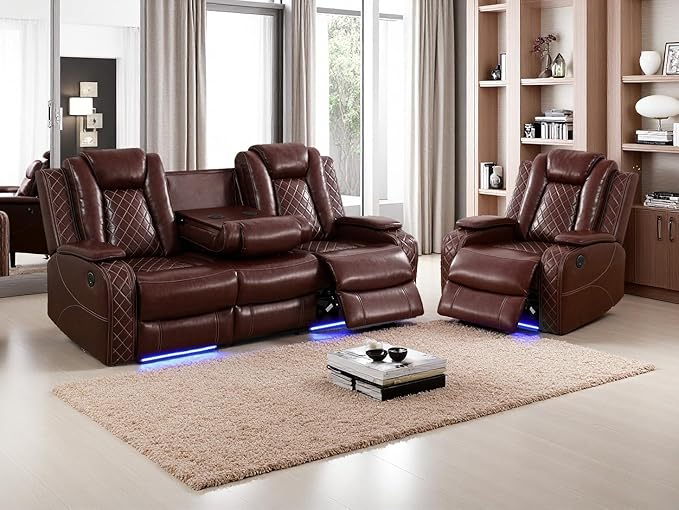 Dekmxas 2-Piece Power Recliner Sofa Set, Living Room Furniture Sets, Brown Leather Power Reclining Sofa Set with 3 Recliner Seats/Storage Console/Cup Holder/LED Light for Home/RV/Bedroom/Living Room