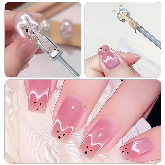JERCLITY 3 Pieces Cat Eye Magnet for Nails Double Ended Cylindrical Nail Magnet Rectangle Magnets with 4 Y-Shaped Guide Metal Bracket + 4 Rabbit Shape Iron Plate for Heart and Rabbit Cat Eye Effect