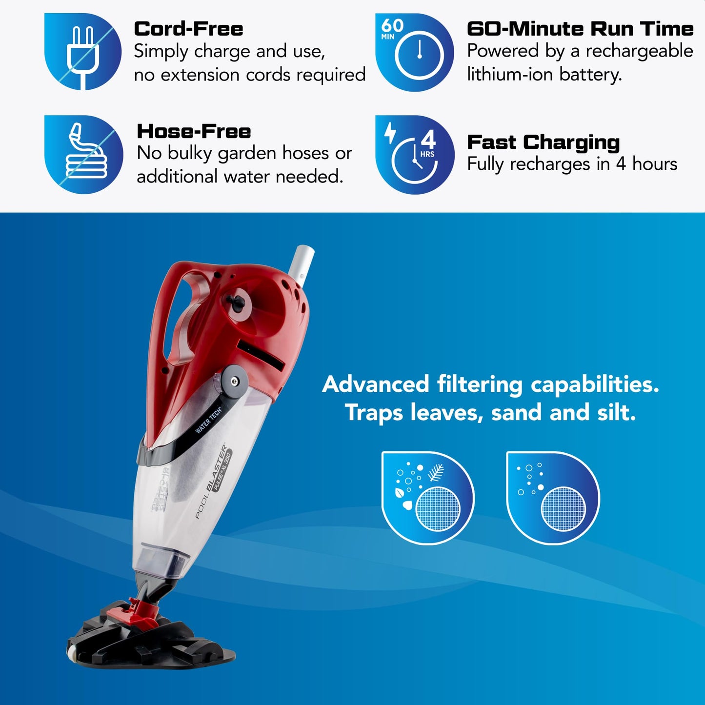 POOL BLASTER Pulse XL 350 American-Engineered Cordless Pool Vacuum with Auto-Start Sensor – Hoseless Vac with XL Debris Chamber for Inground, Above Ground Swimming Pools - 10.5" Head & 60 Min Runtime