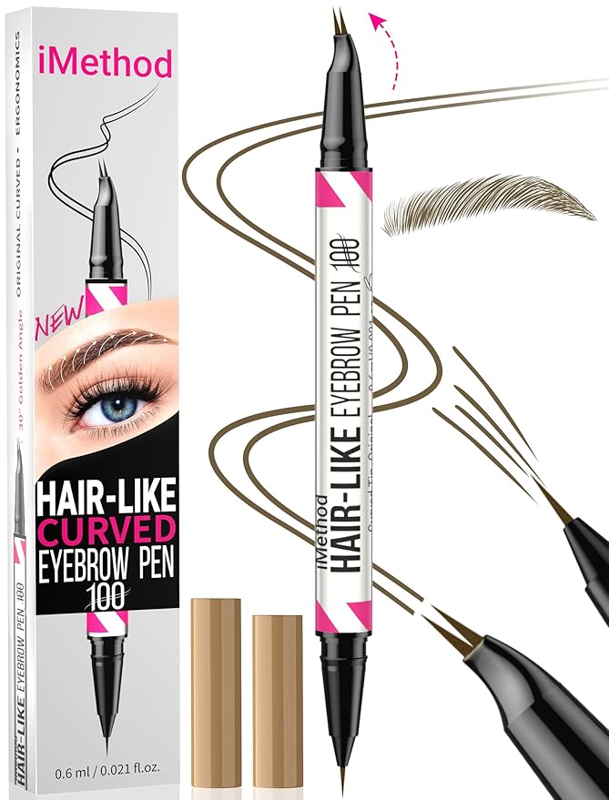 iMethod Curved Eyebrow Pen - 2-in-1 Dual-Ended Eyebrow Pencil with Curved Tip and Precise Brush-Tip, Microblading Eyebrow Pen for Natural Hair-Like Brows, Long Lasting, Brown