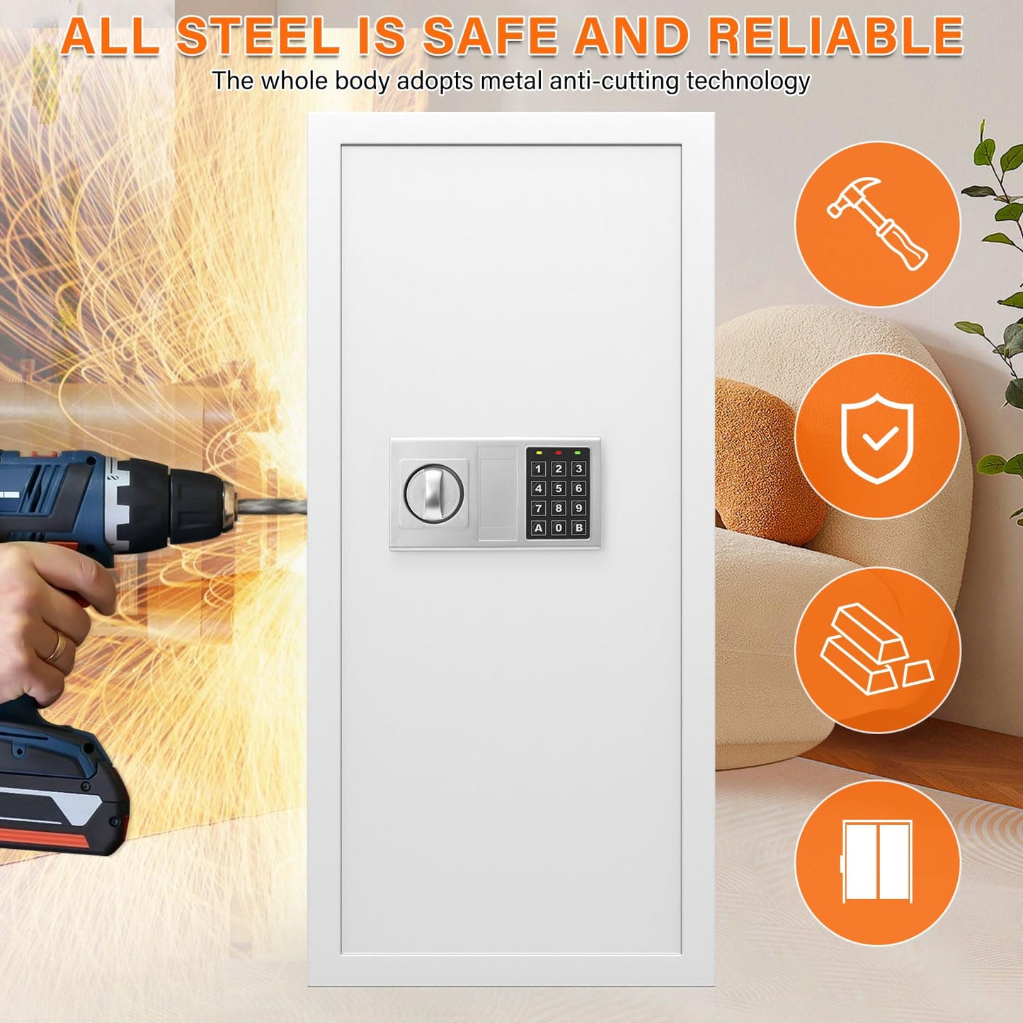 White 29.53" Tall Fireproof Wall Safes Between the Studs 16" Centers, Heavy Duty Combination Lock in Wall Safe with 3 Removable Shelf, Hidden Safe for Money, Jewelry, Document, Passport