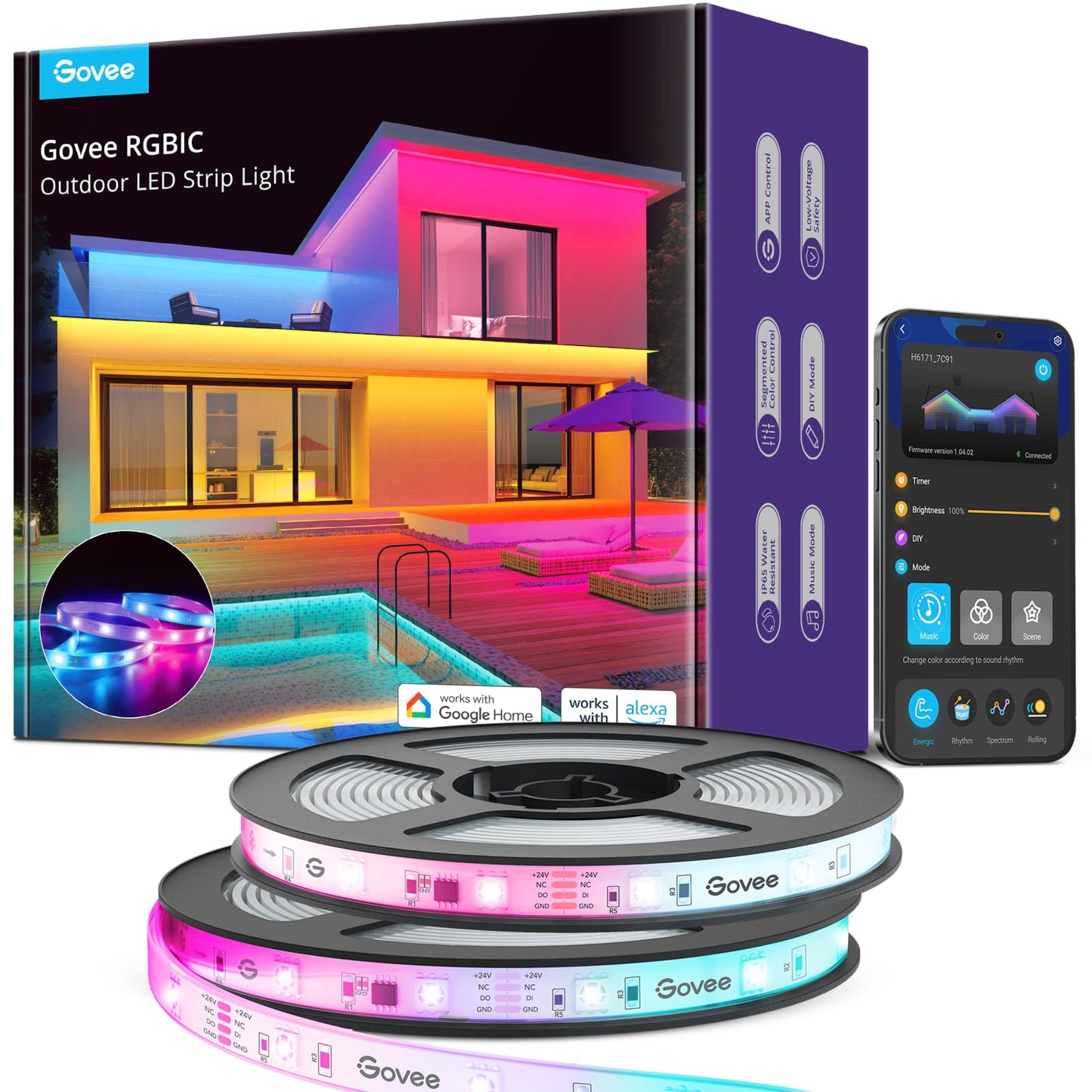 Govee Outdoor LED Strip Lights, 65.6ft Smart Led Strip Lights Work with Alexa and Google Assistant, App Control, IP65 Waterproof, RGBIC Outdoor Lights for Patio, Eave, Patio Decorations