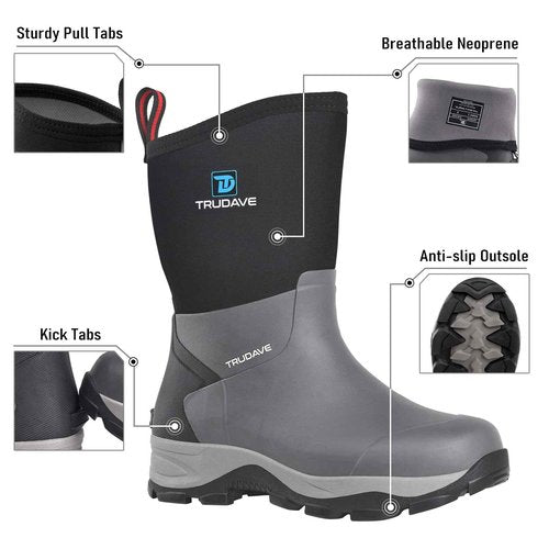 Trudave Rubber Rain Boots for Women, Neoprene Insulated Mud Work Boots, Anti-slip Breathable Mid-calf Womens Waterproof Boots for Garden, Water Fishing, Black, Size 9