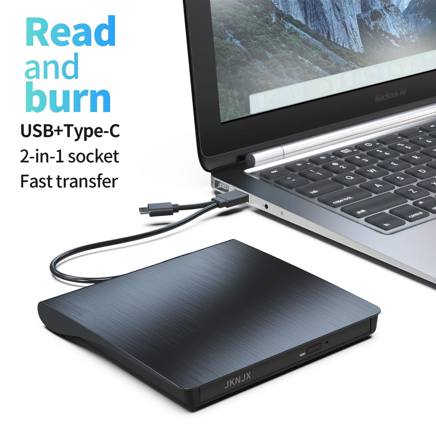 Jknjx External Dvd Drive,Usb 3.0 And Type-C Cd Dvd Disc Reader Writer Burner Player,Slim And Portable Cd Dvd +/-Rw Optical Drive