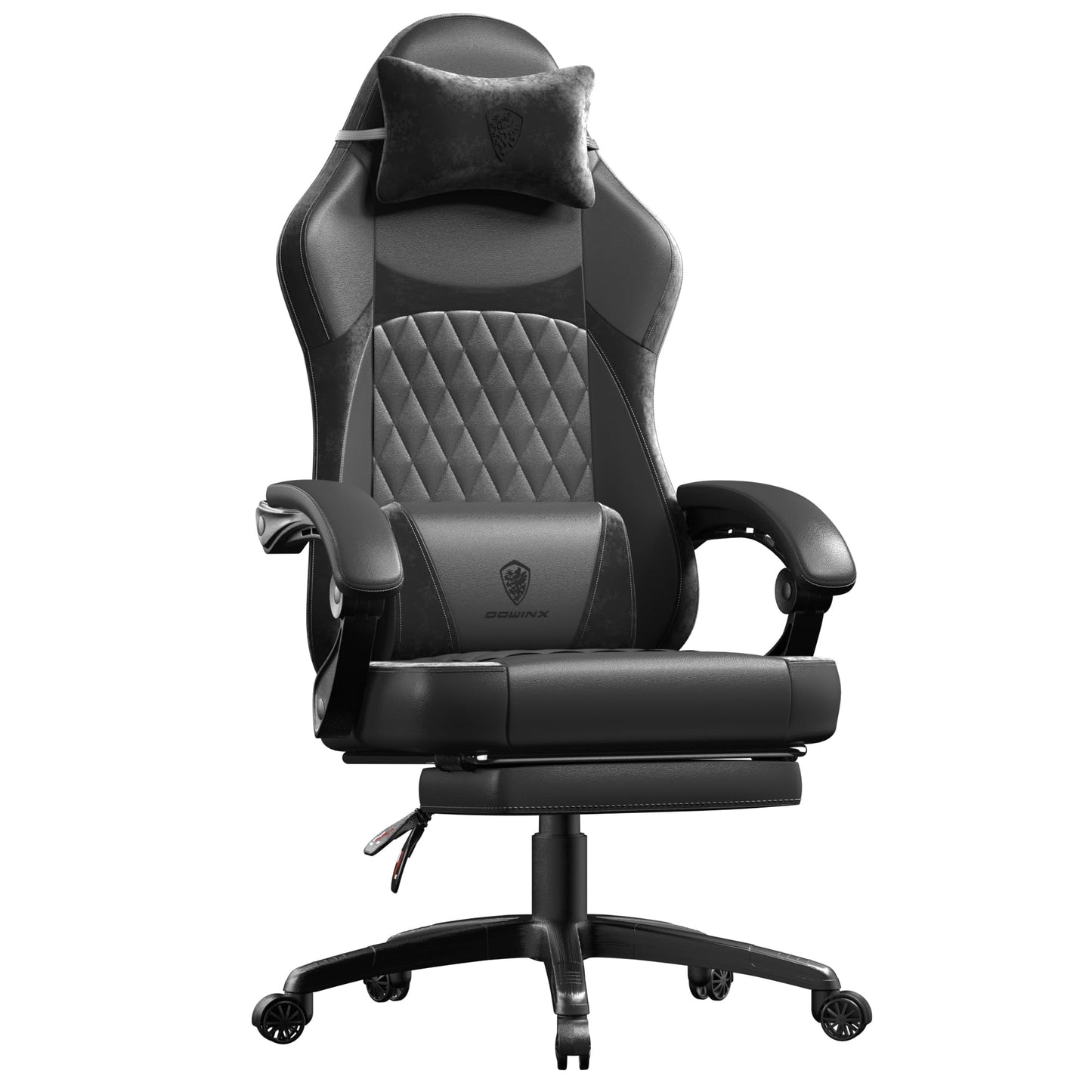 Dowinx Gaming Chair with Pocket Spring Cushion, Ergonomic Computer Chair with Massage Lumbar and Footrest for Adults, High Back Game Chair Leather for Office Gaming 300LBS, All White (Black)
