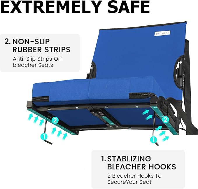 behairity Portable Stadium Seat for Bleachers with Back Support, Wide Padded Bleacher Chair with High Back and Thick Cushion for Adults, Folding Stadium Chair for Football Sports Events (Blue)