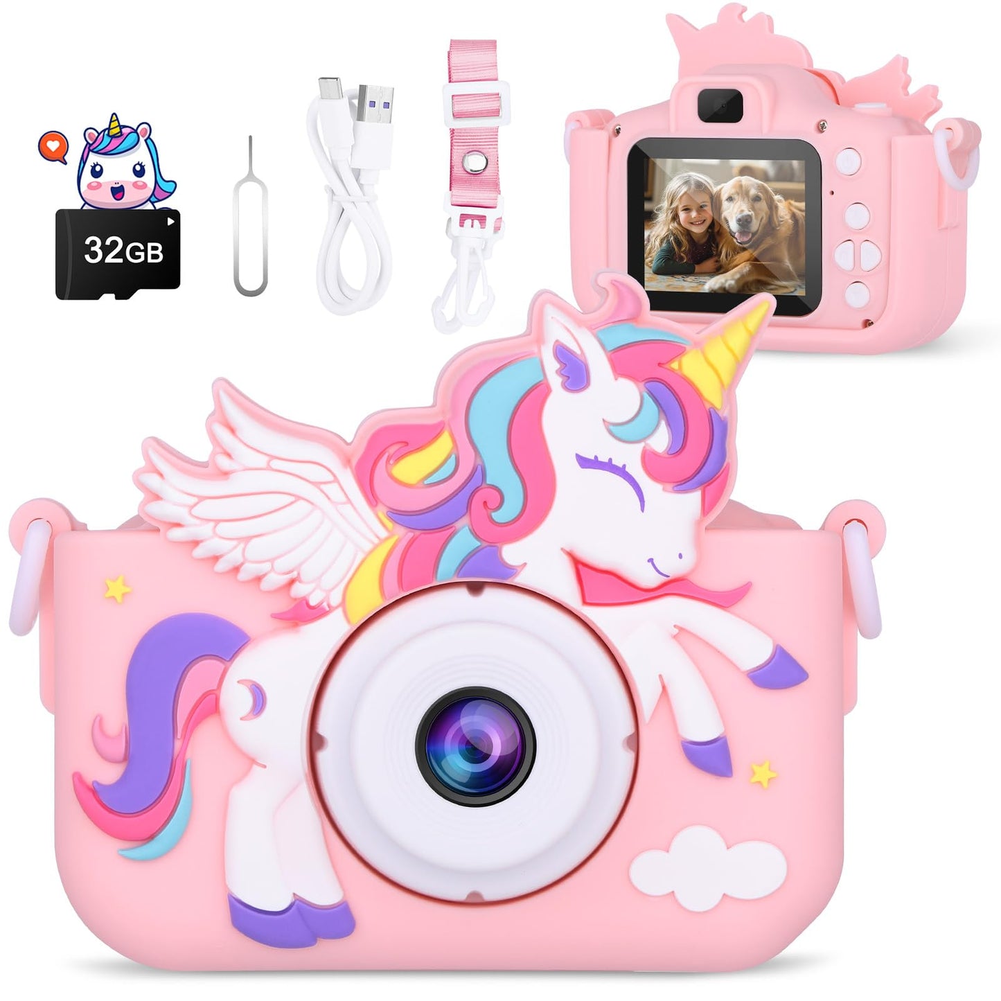 Kids Camera Unicorn Girl Toys, Digital Camera for Kids Age 3-8 Toddler Travel Toys, Birthday Gift for Girls 3 4 5 6 7 8 Year Old Christmas, HD 1080P Video Camera, 32G SD Card Included (Pink)