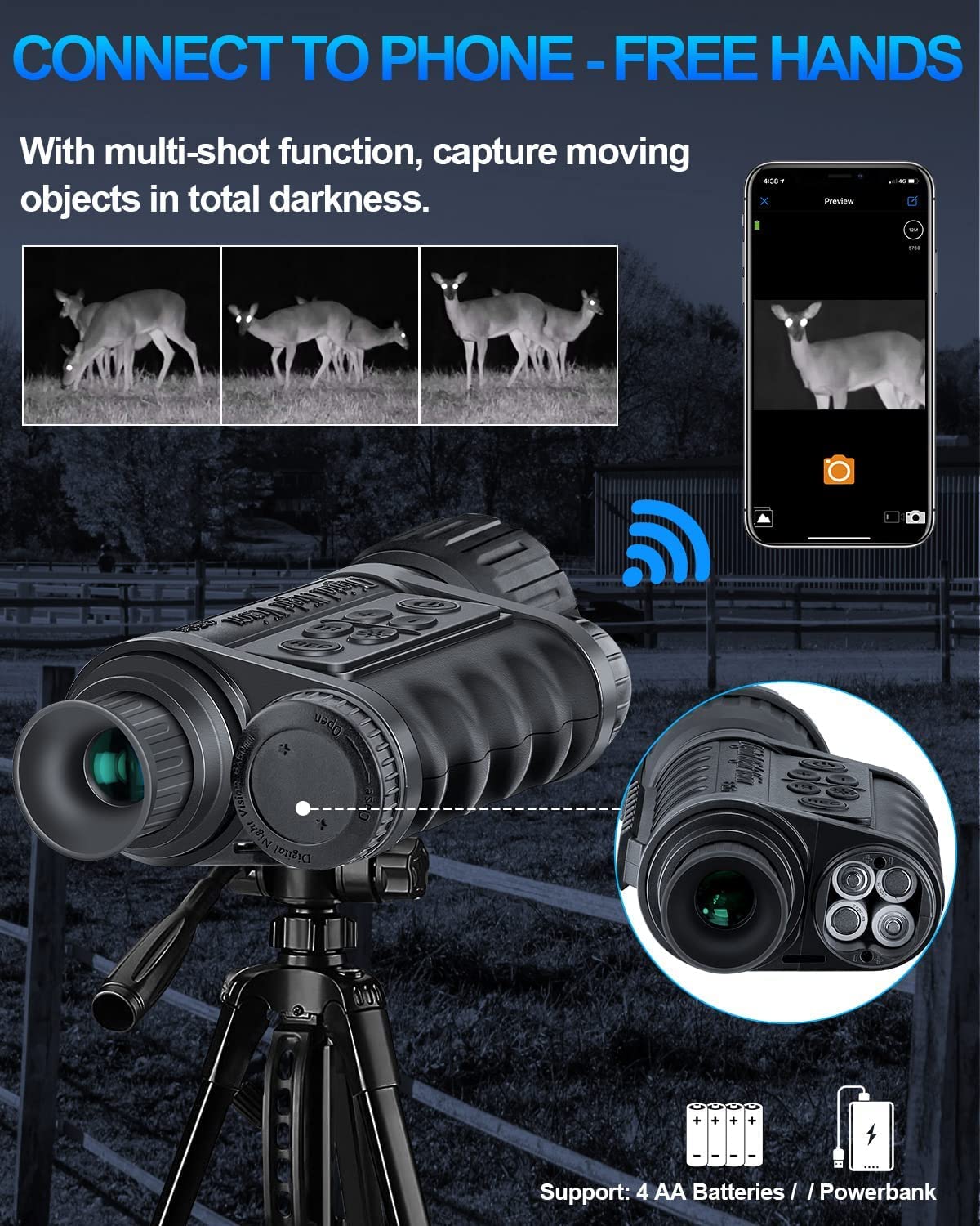 Bestguarder WiFi Night Vision Monocular Support Smartphone iOS/Android Night Watching HD in Full Darkness Clearly Infrared Camera Telescope 12MP Photo Video 5X Digital Zoom Night Vision Binocular