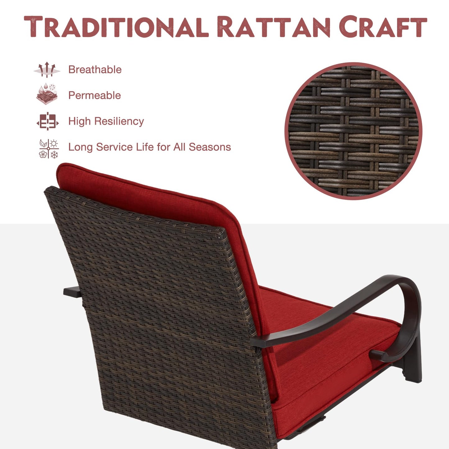 MELLCOM Patio Swivel Chair Set of 2, Outdoor Dining Chairs with Thickened Cushions, Wicker Chairs with Gentle Rocker for Porch, Red