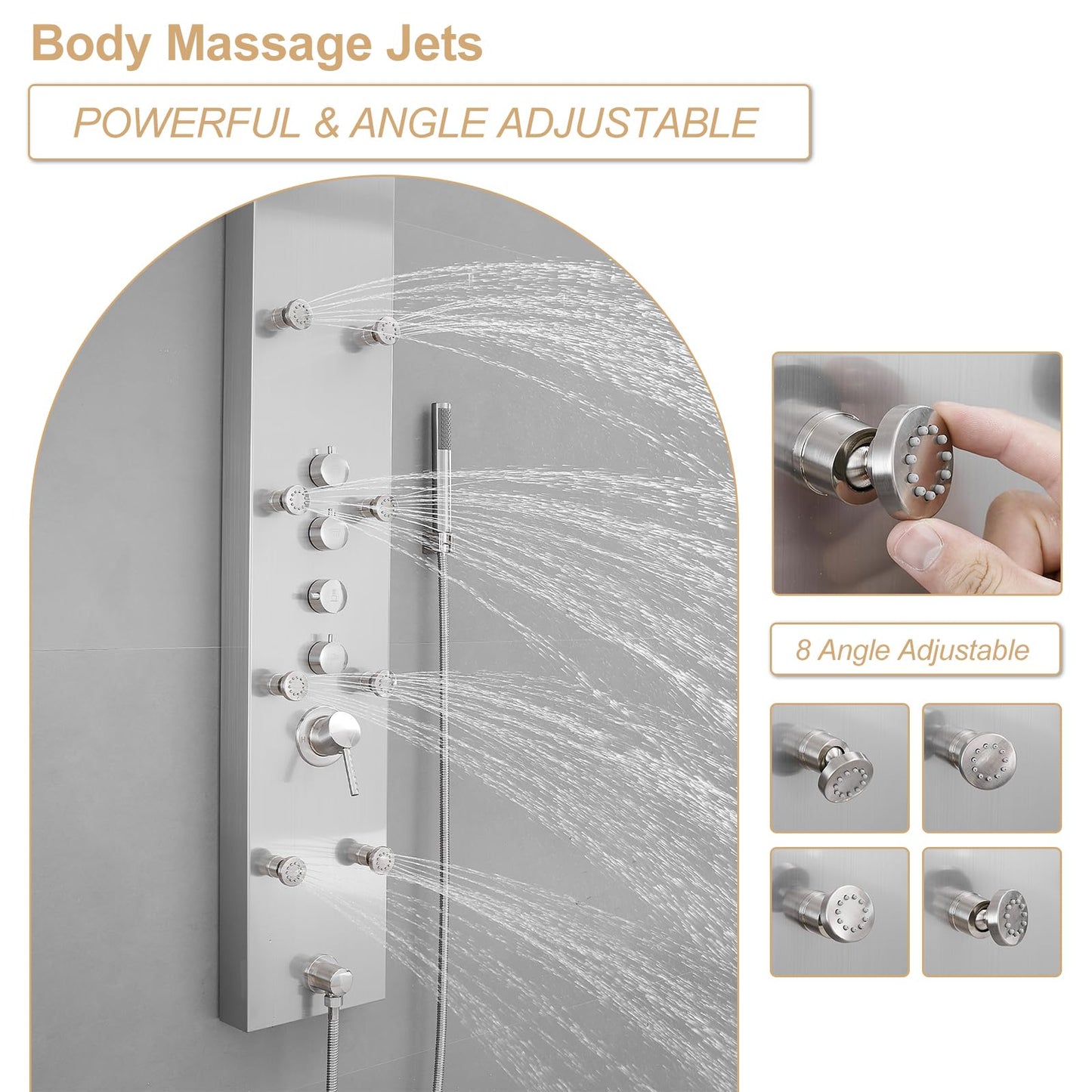 BATHLAVISH Shower Panel Tower System, 4 in 1 Stainless Steel Rainfall Shower Panels with 4-Functions, 8 Body Massage Jets, Handheld Head, Wall Mounted Brushed Nickel