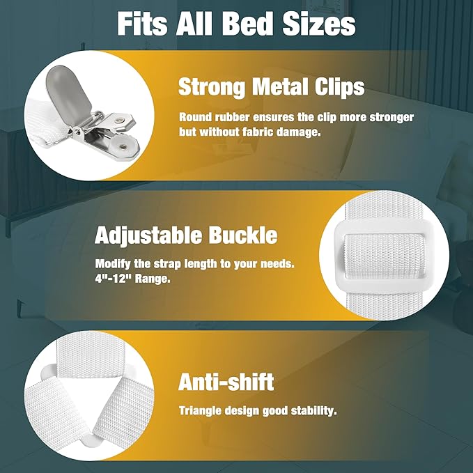 4 Packs Bed Sheet Fasteners, Adjustable Mattress Cover Straps with Metal Clips, Elastic Bed Corner Holders, Non Slip Sheet Clips White