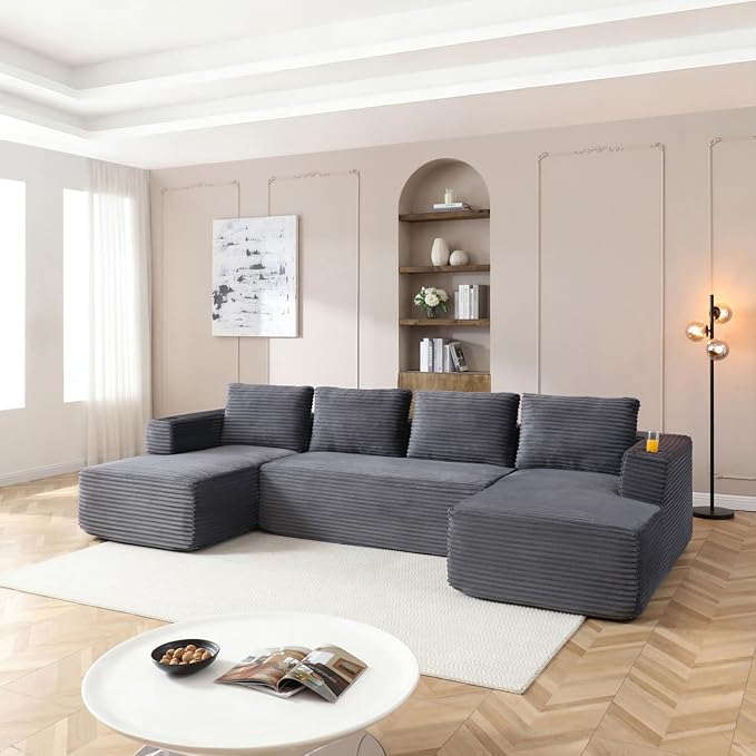 132" Modular Sectional Sleeper Sofa, Boneless Cloud Couch for Living Room, U Shaped 5 Seat Sofa with 2 Cup Holders, Free Combination, No Assembly Required (Grey)