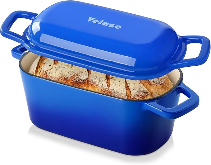 Velaze 3.6QT Dutch Oven for Bread Baking,Oval Cast Iron Enameled Bread Oven Pan with Lid and Offset Handles,Oven Safe to 500°F for Homemade Sourdough Bread(Blue)