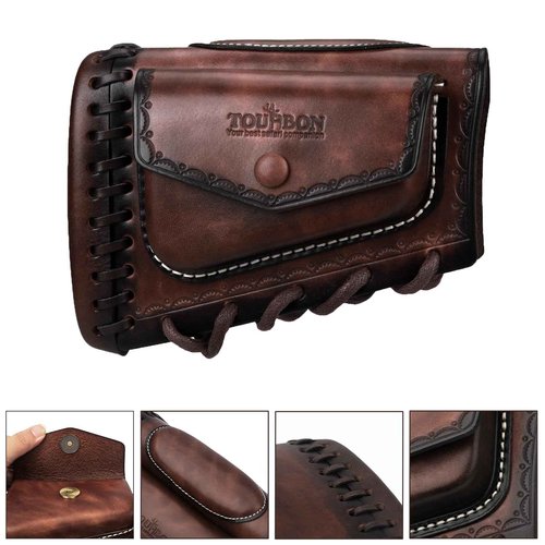 Tourbon Leather Rifle Stock Protective Holder Slip on Recoil Pad Cheek Rest Riser with Cartridges Pouch (Brown)