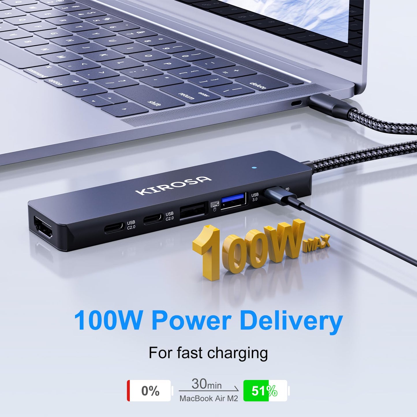 Kirosa Usb-C Hub, 5 Ports Usb 3.0, 4K Hdmi, Displayport, Usb Type-C Adapter