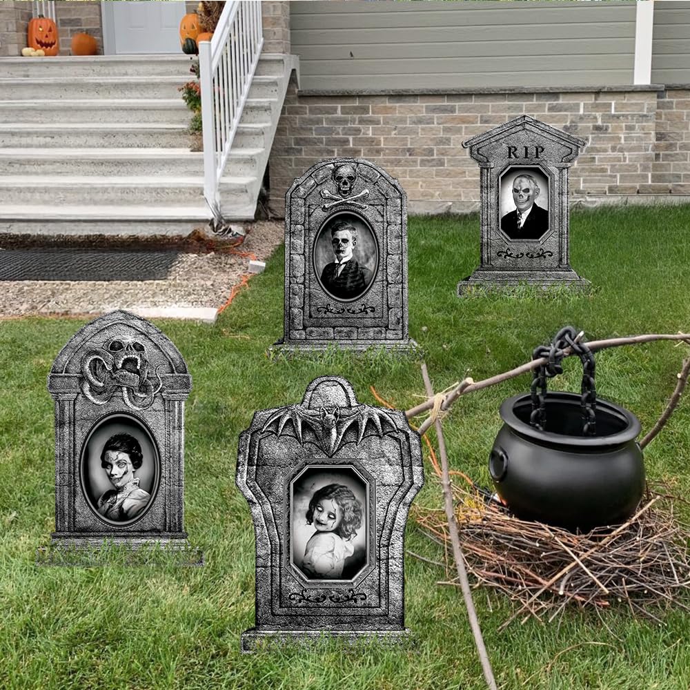Graveyard Tombstones Halloween Decorations Outdoor: 4pcs Large Gravestones Yard Signs with Scary 3D Changing Face Photo, 17" Realistic RIP Skeleton Tombstones, Waterproof Cemetery Graves Decor Outside