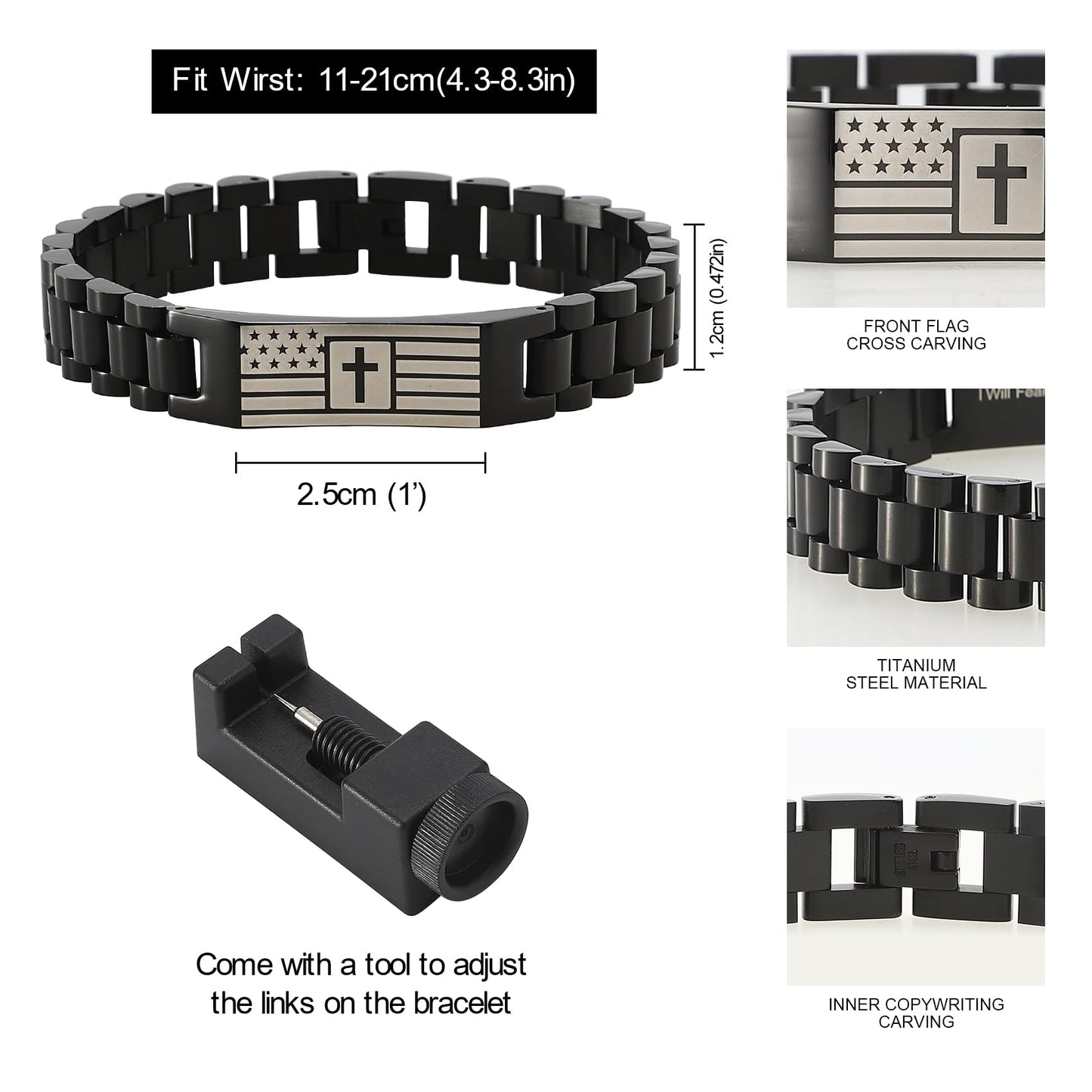 HSM Christian Bracelet for Men– Men’s Bracelet with Bible Verse, Faith & Patriotic Stainless Steel Bracelets for Men, Religious Gift for Husband, Dad, Son – Adjustable Custom Fit