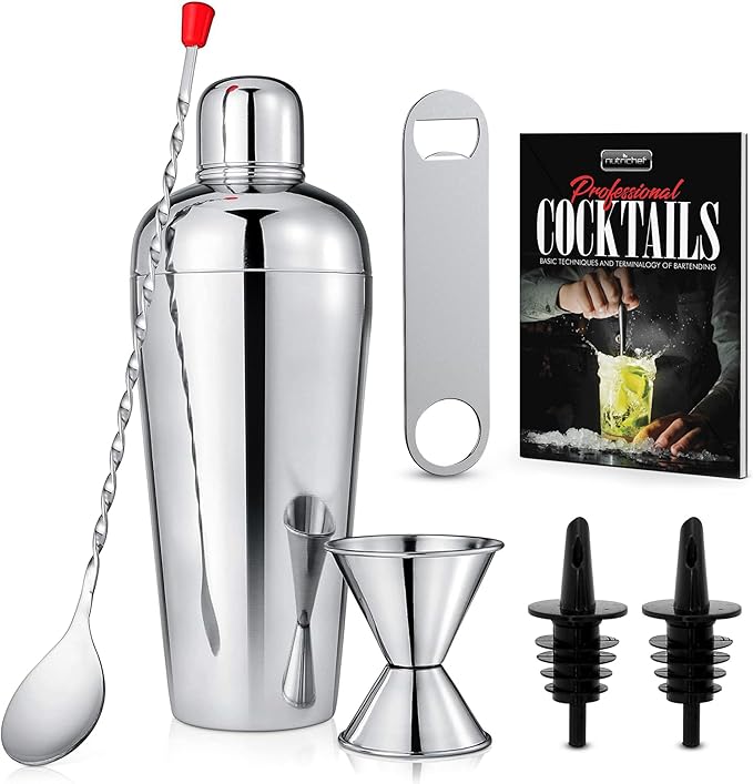 NutriChef Bartender Set 7 Piece - Includes Cocktail Shaker Mixer, Essential Bar Accessories, 2 Bottle Pourers, Bar Mixer S...