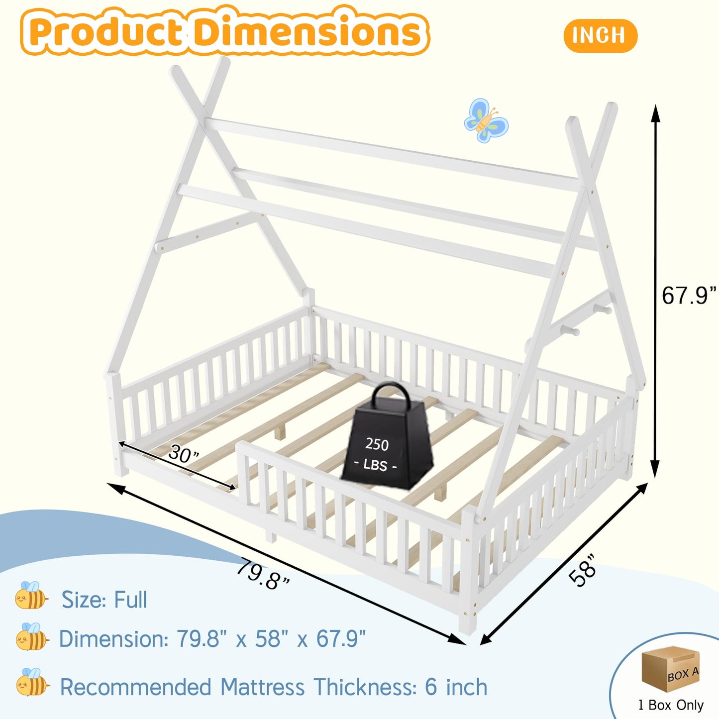 Mirightone Teepee Floor Bed for Kids, Full Size Montessori Beds with Rails, Detachable Floor Tent Bed with Slats and Hanging Rack, Wood House Bedframe for Boys Girls, White