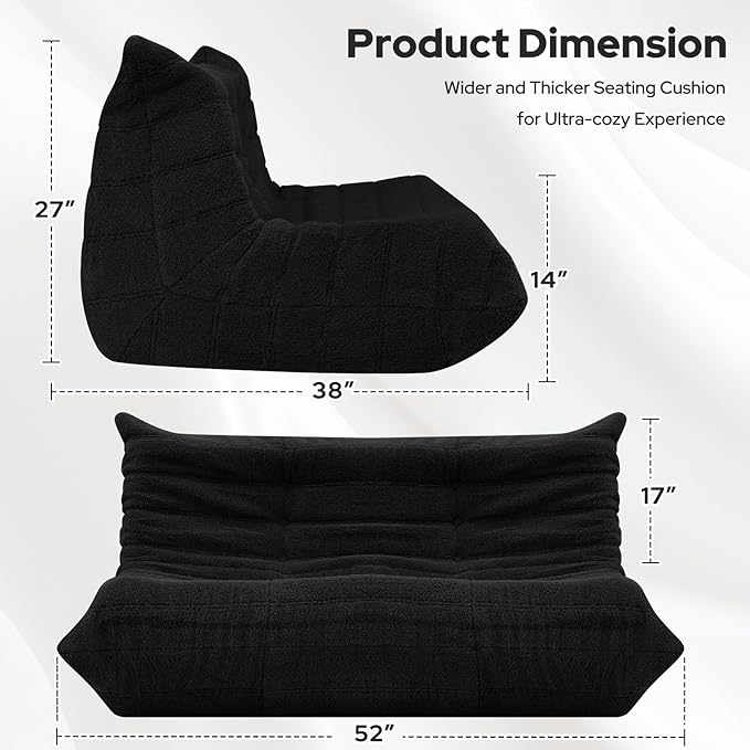 HABUTWAY Bean Bag Chairs Fireside Lazy Floor Sofa, Soft Teddy Fleece 2 Seater Sofa with High-Resilience Foam Filling，Beanbag for Living Room, Bedroom, Office (Black Teddy)