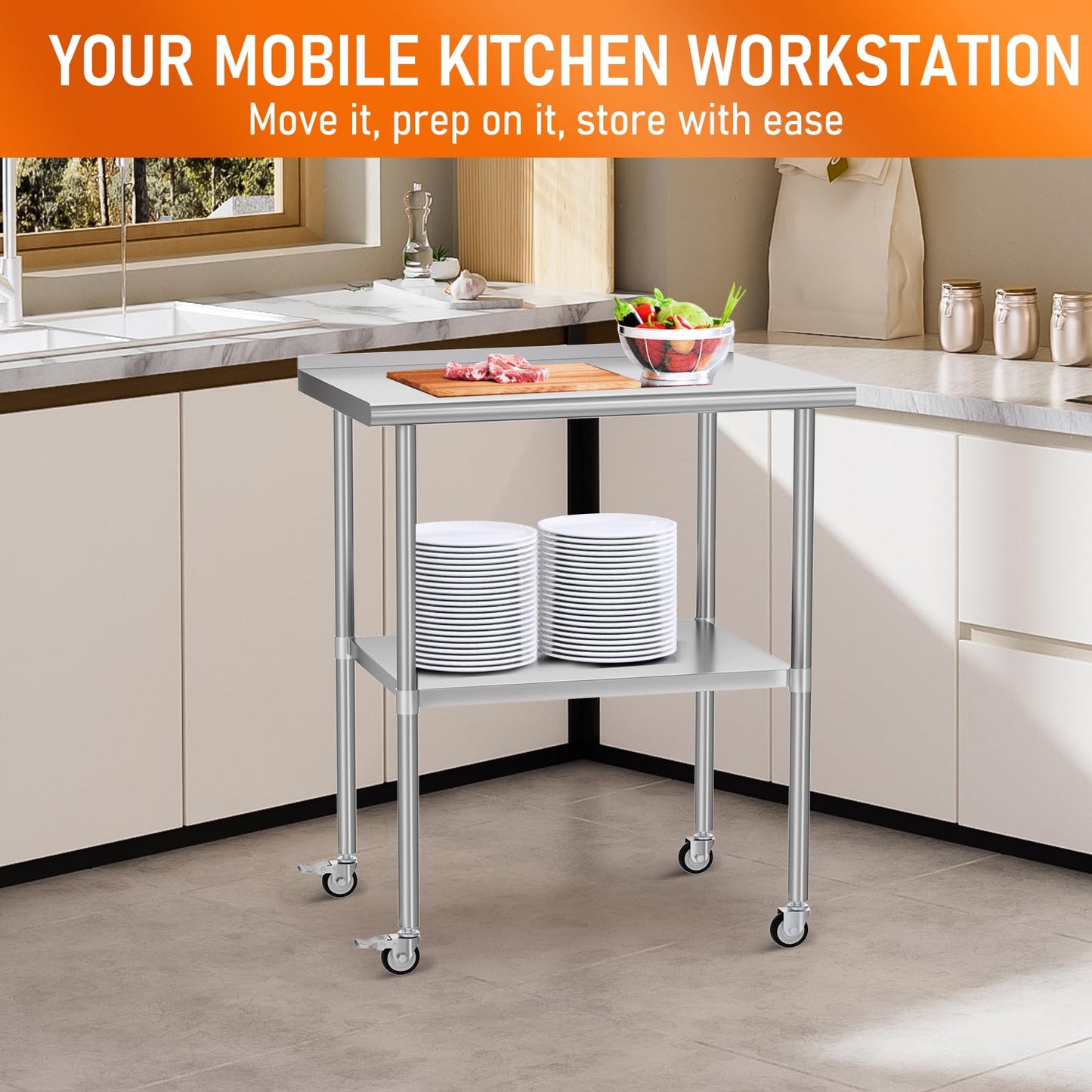 HOCCOT Stainless Steel Prep Table 24" X 30" with Adjustable Undershelf, Backsplash and Wheels, Commercial Metal Workstations for Kitchen, Garage, Outdoor BBQ