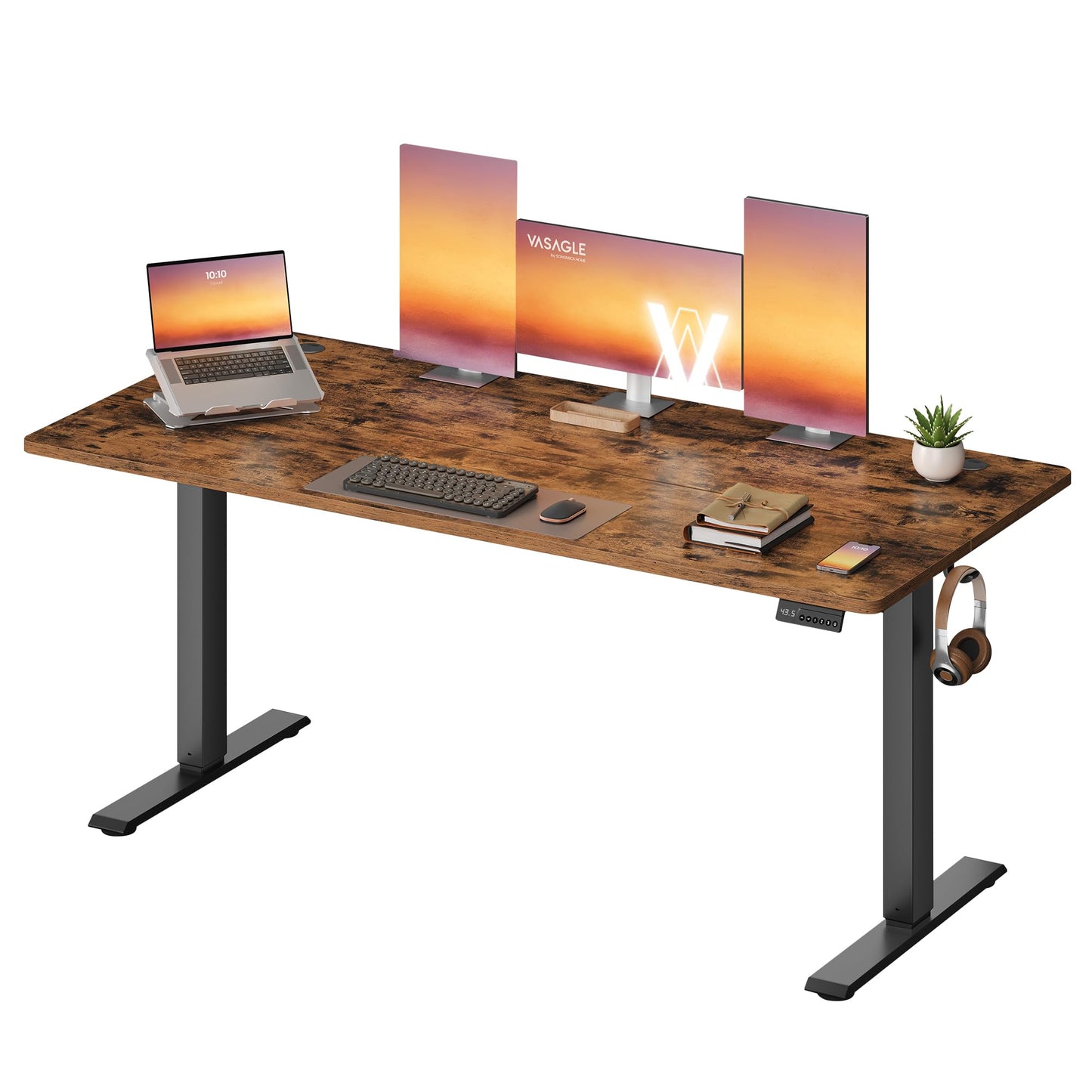 VASAGLE Electric Standing Desk, 63 x 27.6 Inches Height Adjustable Desk, Sedentary Reminder, 4 Memory Heights, for Home Office, Rustic Brown ULSD316KD02S