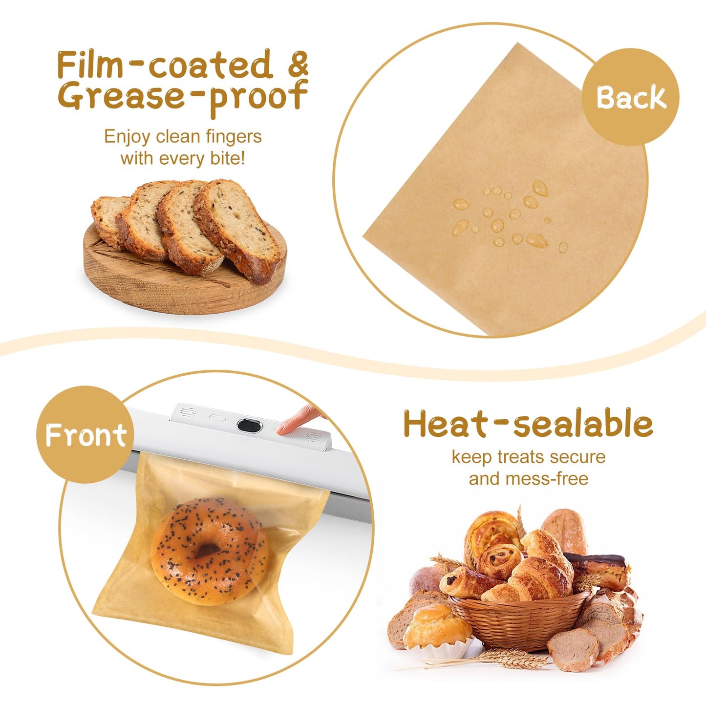 SUREHOME Paper Sandwich Bags 100 Pcs 7.1 X 7.5 In Kraft Brown Paper Bags with Window Individual Heat Seal Bakery Bag with Sticker Cookie Bag for Party Favors Snacks Treats Bread Baked Goods Packaging