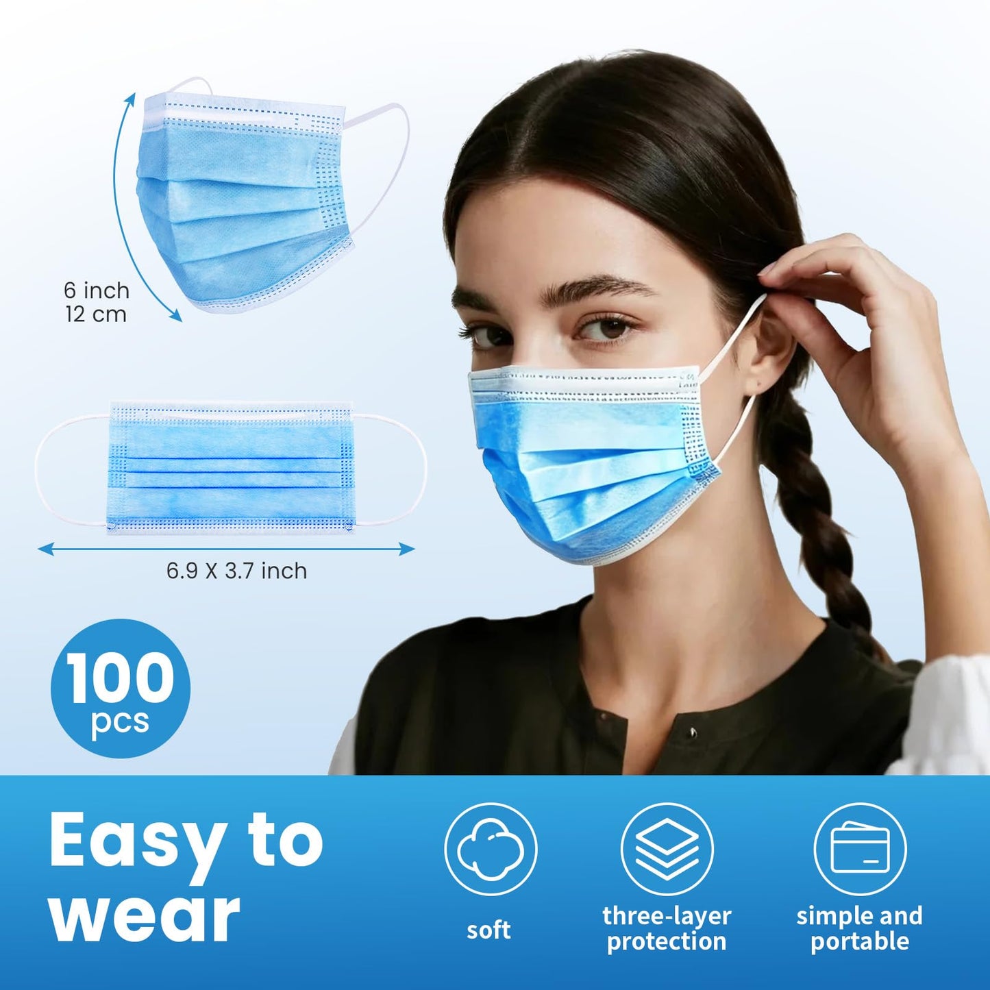 Borje Blue Disposable Face Mask 100 Pcs Blue Face Masks 3 Ply Protection Masks