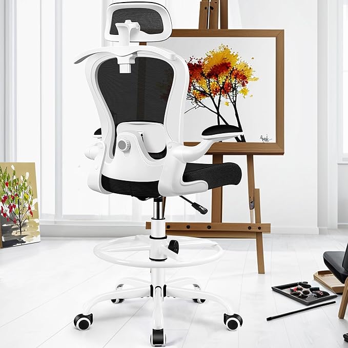 Drafting Chair, Tall Office Chair with 3D Lumbar & Head Support, Ergonomic Mesh Standing Desk Chair with Footring, Comfy Extended High Desk Chair with Flip-Up Arms & Hanger,White