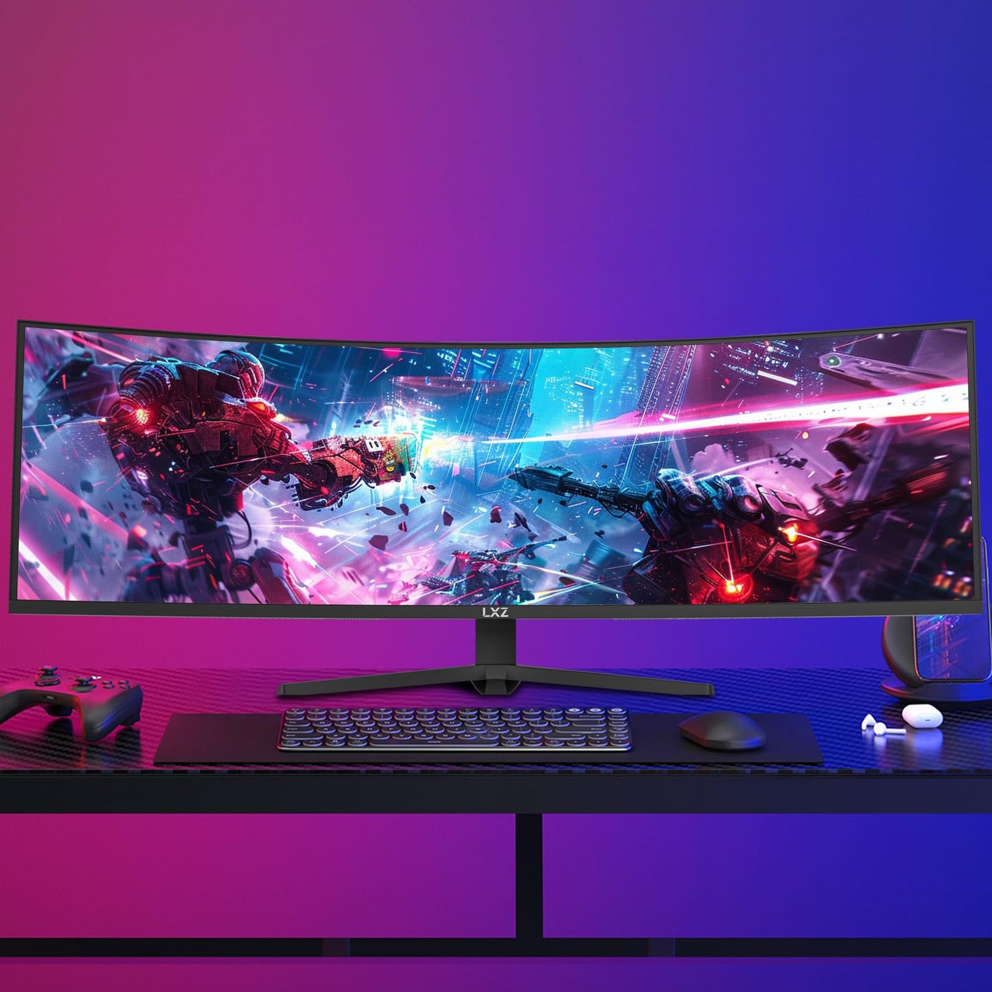 LXZ 49.5" Curved Gaming Monitor, 5120x1440 DQHD Ultrawide 32:9, 165Hz, 1ms MPRT, AMD FreeSync Premium, Height/Pivot/Swivel Adjustable, HDMI 2.1 & DP 1.4, VESA 75×75mm Mount Compatible