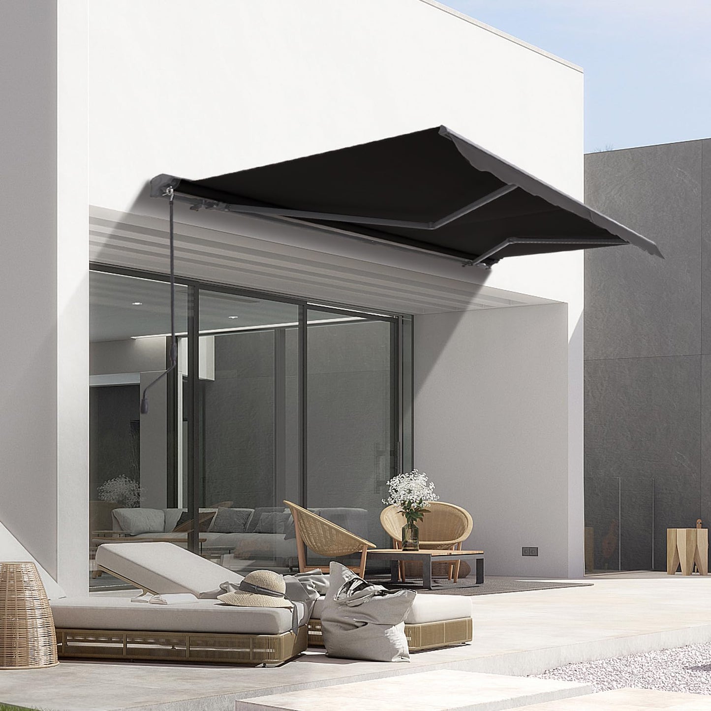Retractable Awnings for Patio Manual Sun Shade Awning Cover| Waterproof UV Resistant Coating | Double Stranded Steel Installation Bracket (Dark Gray+ Protective Case, 10‘×8’)