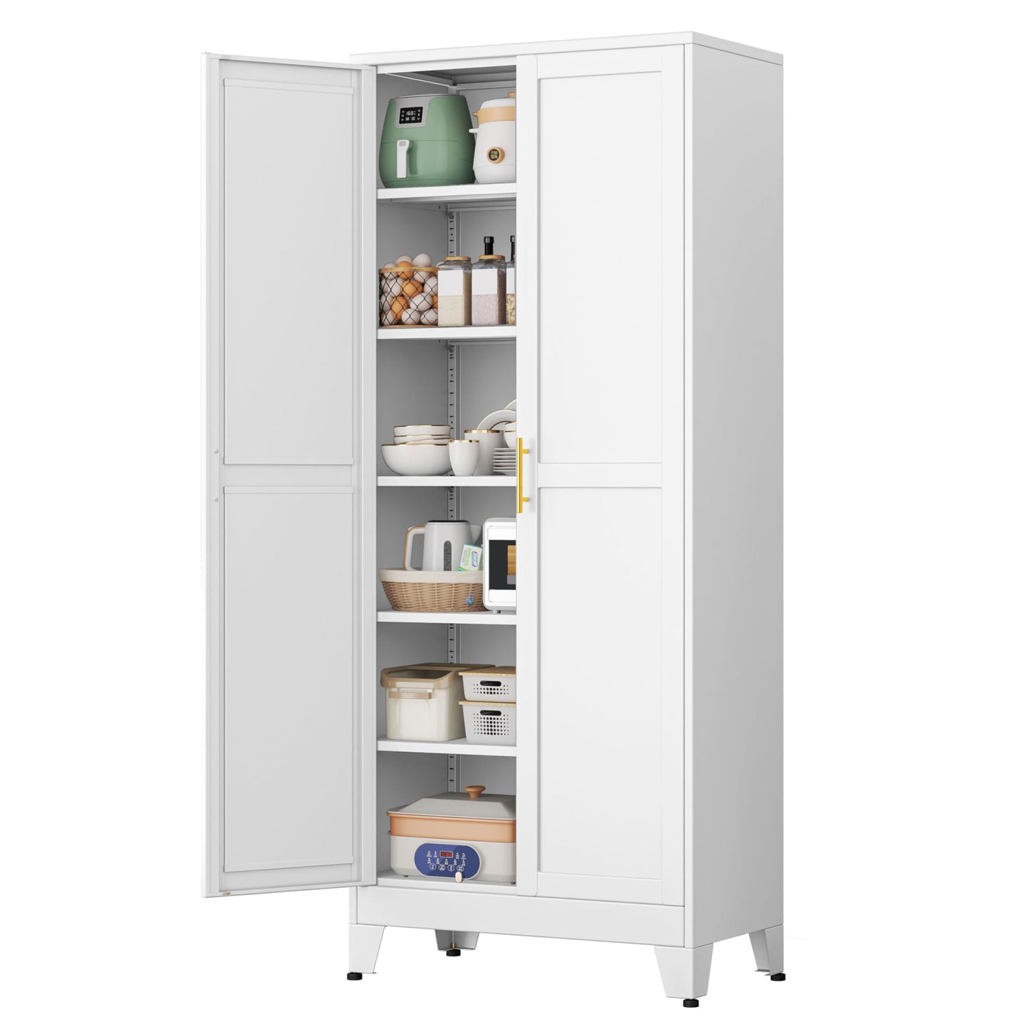 pozdeg 75” Tall Pantry Cabinet, Metal Kitchen Storage Cabinet with 2 Doors and 5 Adjustable Shelves, White Storage Cabinet Cupboard for Kitchen, Dining Room, Living Room and Bathroom (White)