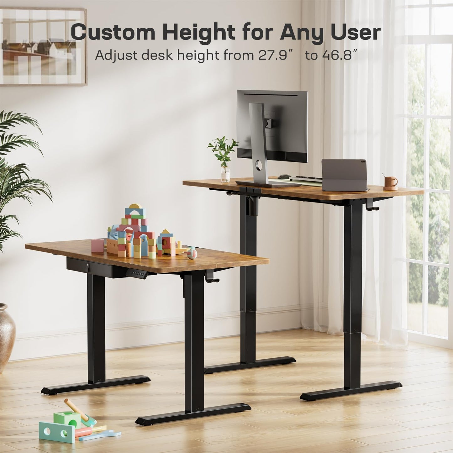 Marsail 55x24 Electric Standing Desk with Drawer, Computer Desk, Sit Stand Office Table with Storage & Hooks & Cable Management, Ergonomic Height Adjustable Table for Home Office, Brown