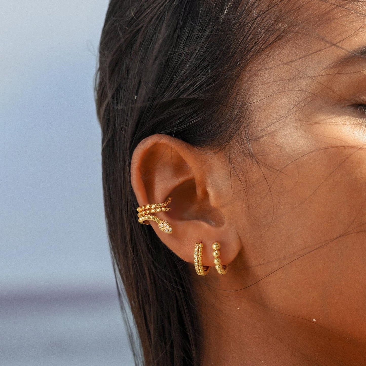 MYEARS Women Beaded Earrings Gold Huggie Hoop Ear Stud Cuff Cubic Zirconia 14K Small Simple Hypoallergenic Everyday Jewelry