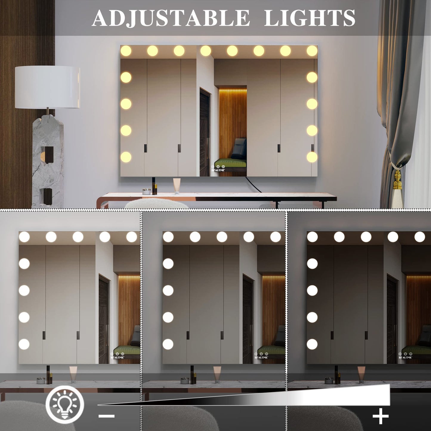 BEAUTME Hollywood Makeup Mirror,Vanity Mirror with Lights, LED Mirrors, Tabletop or Wall-Mounted Mirror with 16 Dimming LED Bulbs, Silver(911×180×616mm)