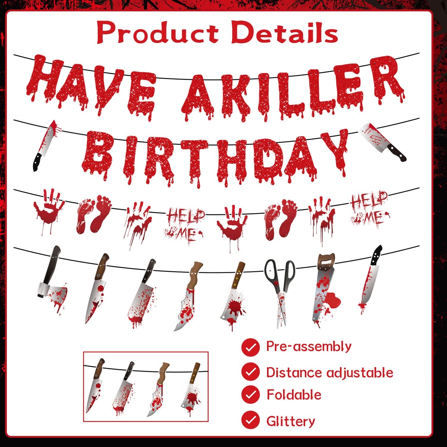 Gameza Halloween Birthday Party Decorations, 4PCS No-DIY Have a Killer Horror Birthday Banners Bloody Murder Supplies, Mystery Spooky Party Fake Knife Banners Decor