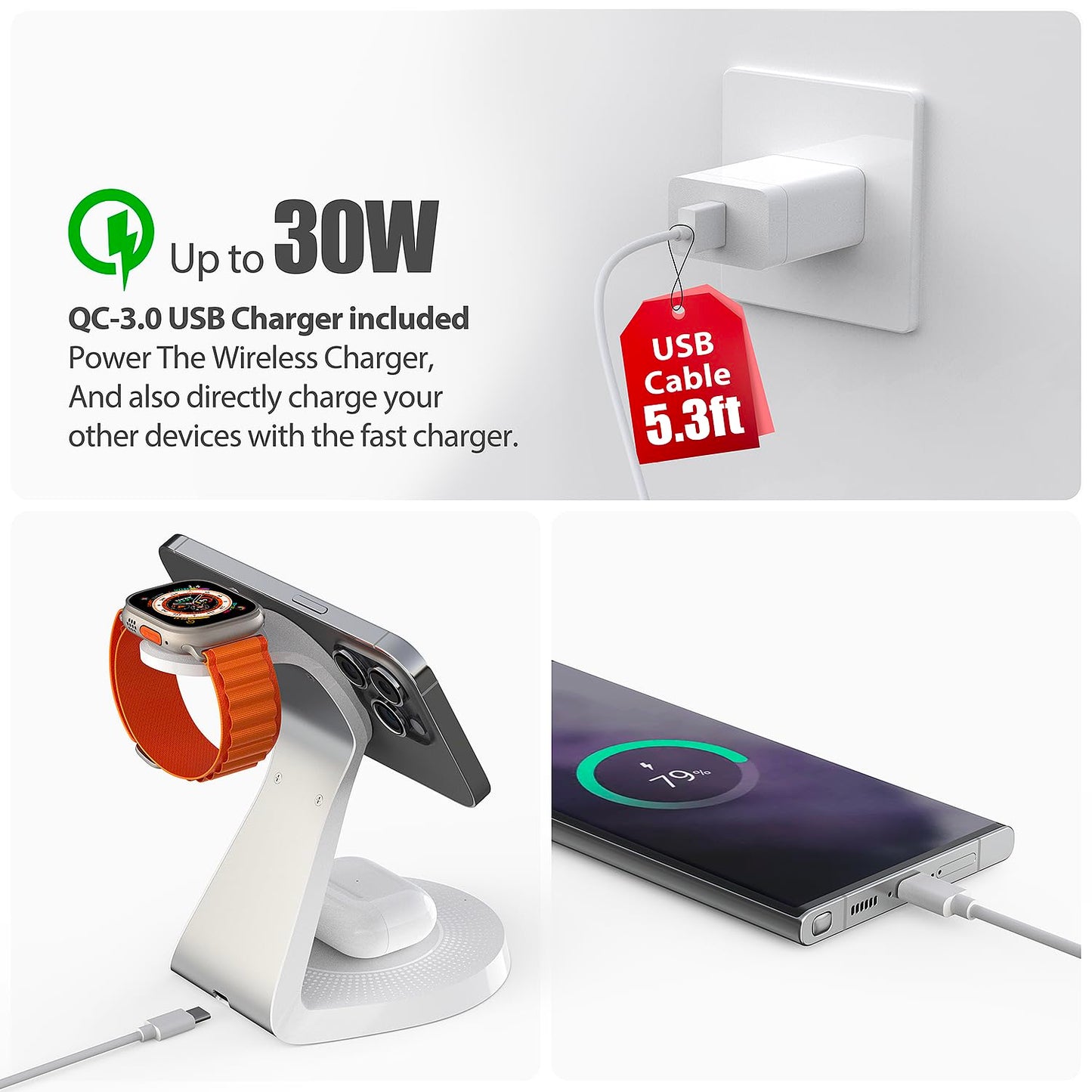 3 in 1 Charging Station for Apple Devices,Mag-Safe Charger Stand Fast Charging,Wireless Charger for iPhone 16/15/14/13/12 Series,& AirPods,& iWatch(USB-C Charger Included)