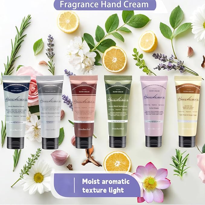 DincherBel 6 Pack Travel Size Hand Cream Set - 1 oz Moisturizing Lotion for Dry Cracked Hands, Magnolia Mountain Retreat Scented Hand Lotion Gift for Women, Nurses, Teachers, Bridesmaids