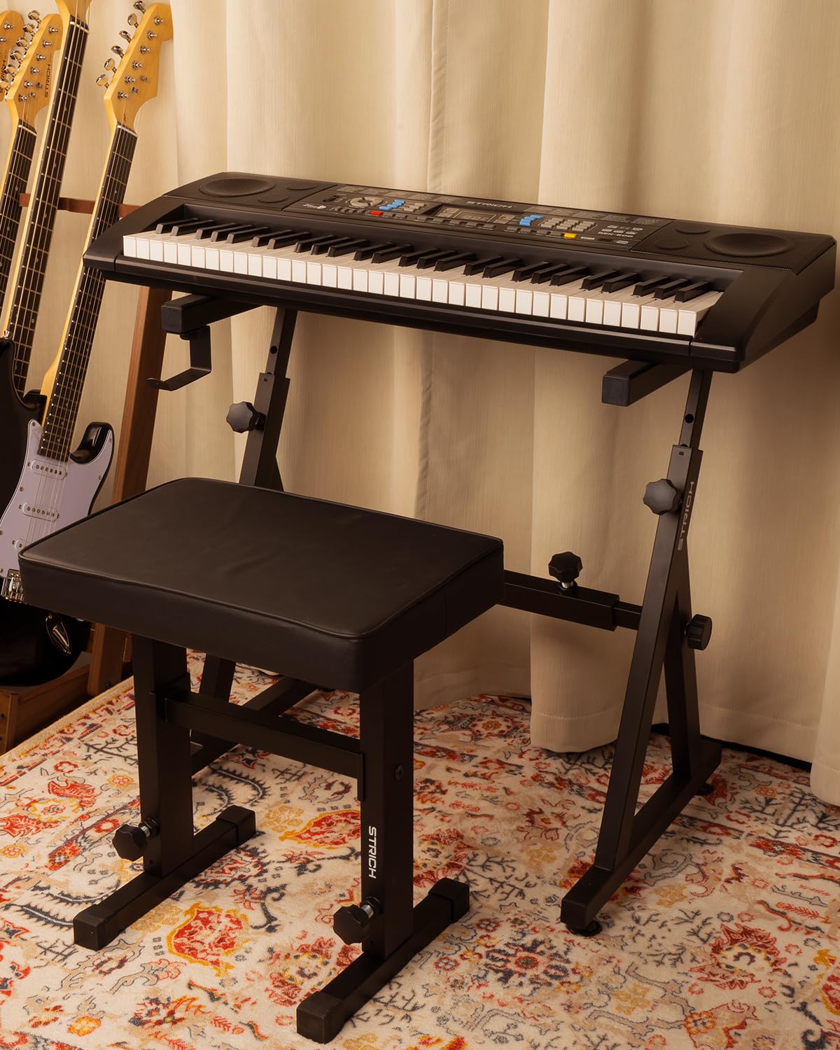STRICH Piano Keyboard Stand Stool Set, Portable Heavy Duty Stand for 54-88 Key Electric Digital Pianos & Adjustable Piano Bench, Chair, Black, SKT-02 & SPB-M50